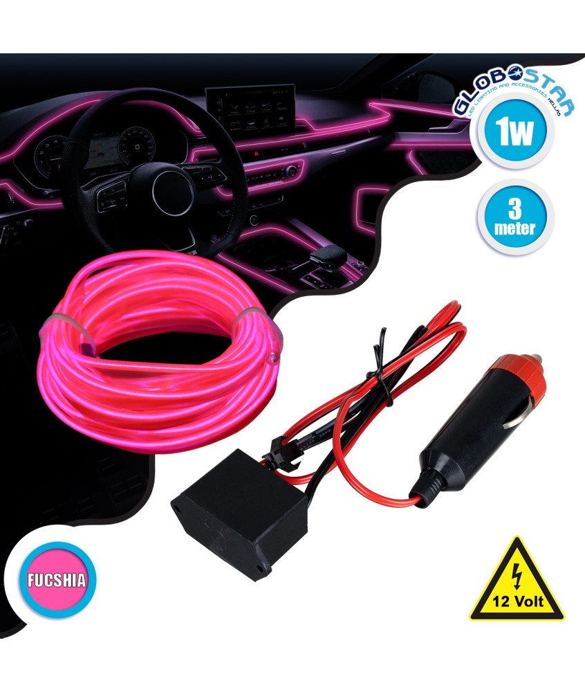 GloboStar® 82203 TUBE 360° Degree Διακοσμητική EL-Wire Neon Αυτοκινήτου Κορδόνι ΣΕΤ 3m 1W-3m 30lm-m 360° DC 12V με Βύσμα Αναπτήρα Αυτοκινήτου Αδιάβροχη IP68 Φούξια